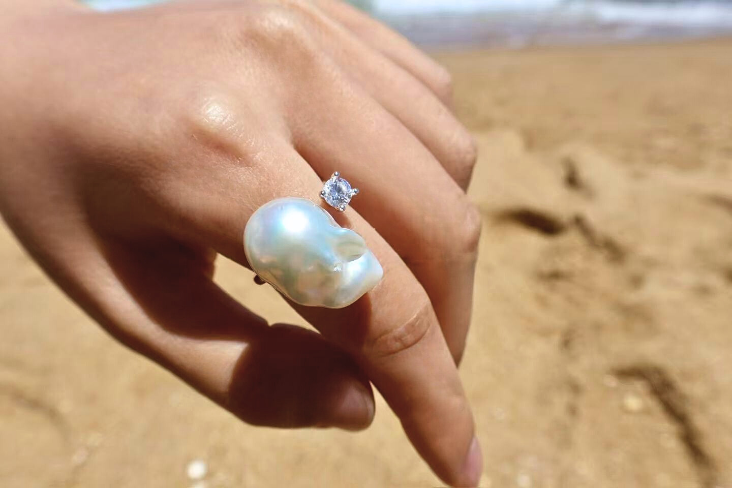 Cold Gleam – Large Silver-White Baroque Pearl Adjustable Ring with Pavé Detail