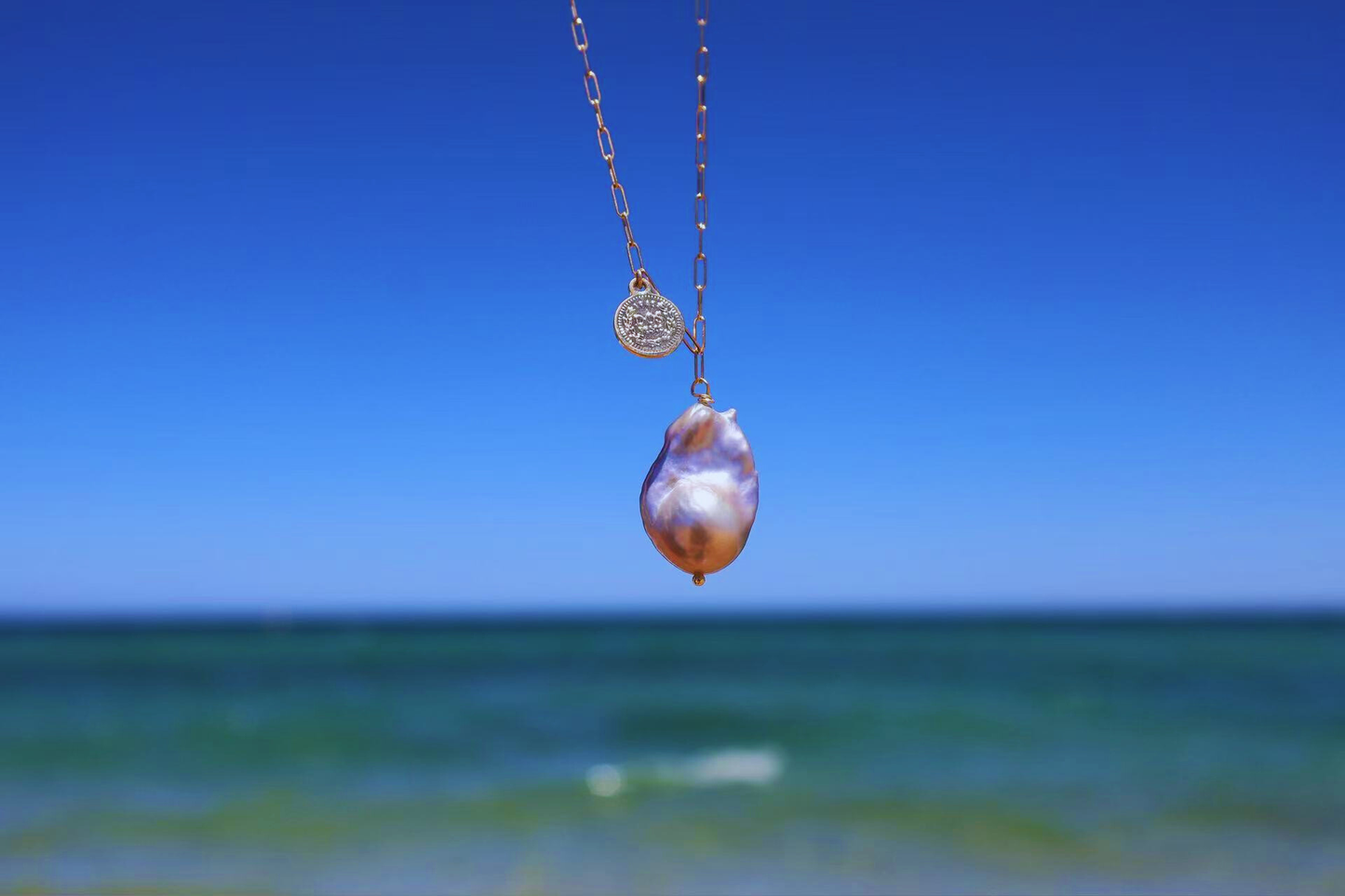 Blush Coin – Pink Baroque Pearl Pendant Necklace with Silver Coin Square Chain