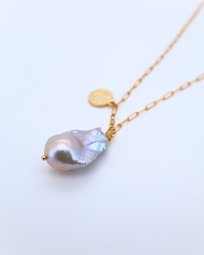 Blush Coin – Pink Baroque Pearl Pendant Necklace with Silver Coin Square Chain