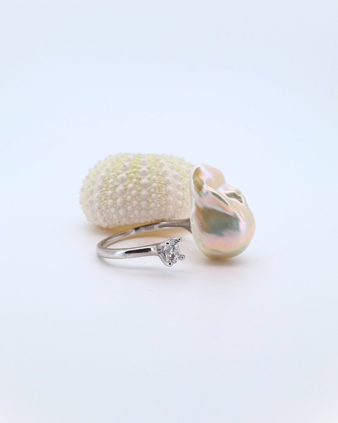 Cold Gleam – Large Silver-White Baroque Pearl Adjustable Ring with Pavé Detail