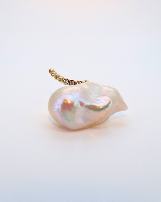 Halo Statement – Extra-Large Baroque Pearl Adjustable Ring with Pavé Halo