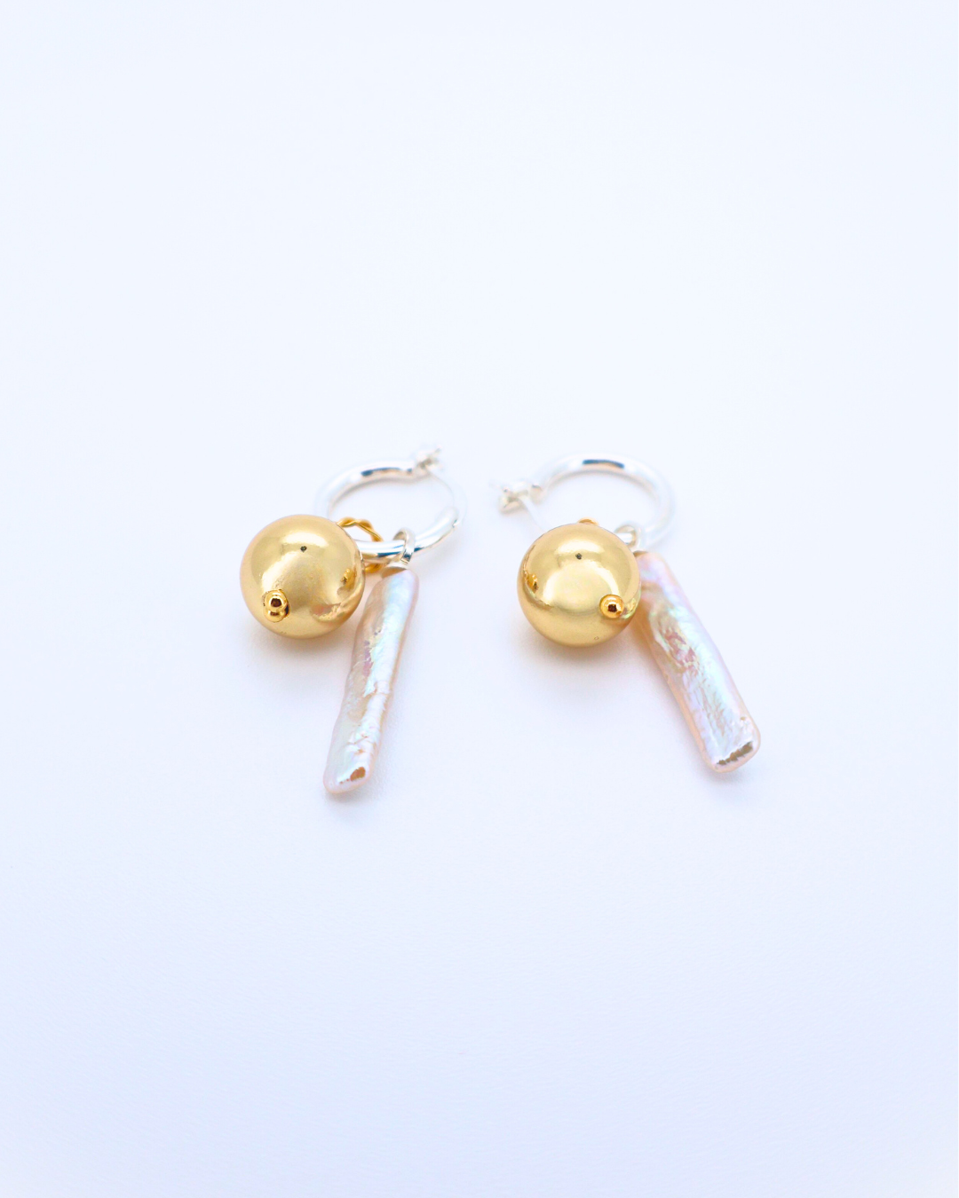 Golden Balance – Rectangular Baroque Pearl & Gold Sphere Earrings