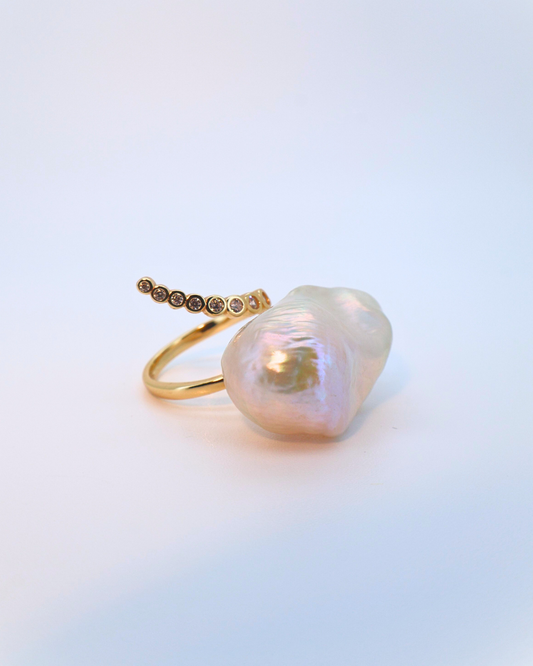 Halo Statement – Extra-Large Baroque Pearl Adjustable Ring with Pavé Halo