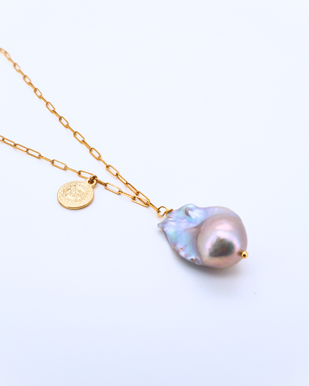 Blush Coin – Pink Baroque Pearl Pendant Necklace with Silver Coin Square Chain