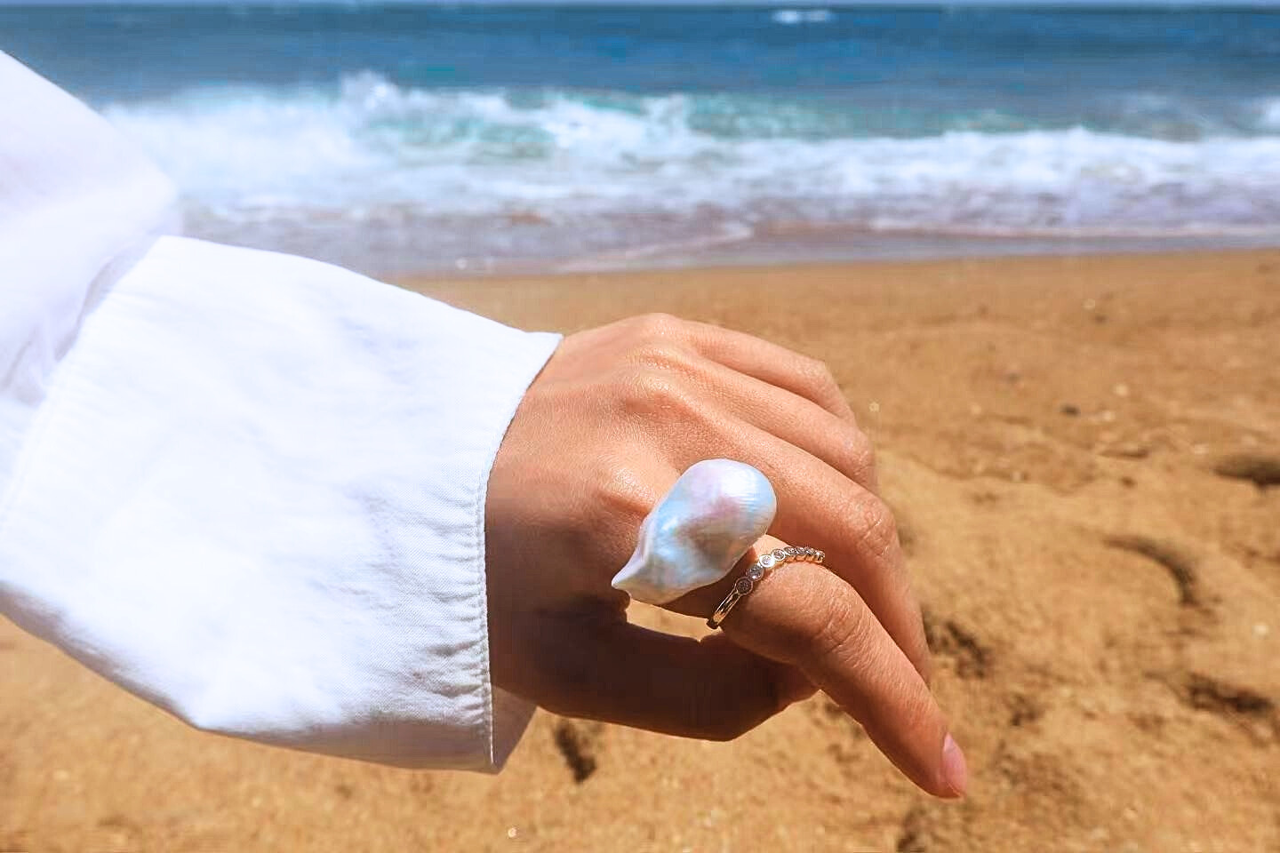 Halo Statement – Extra-Large Baroque Pearl Adjustable Ring with Pavé Halo
