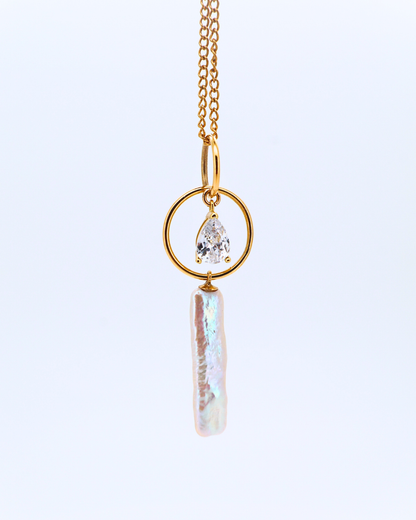 Stellar River – Rectangular Baroque Pearl Pendant Necklace with Pavé Detail