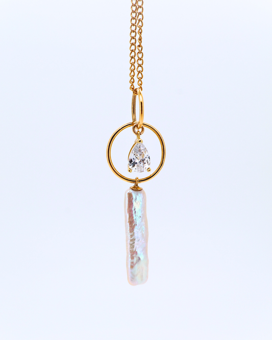 Stellar River – Rectangular Baroque Pearl Pendant Necklace with Pavé Detail