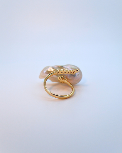 Halo Statement – Extra-Large Baroque Pearl Adjustable Ring with Pavé Halo
