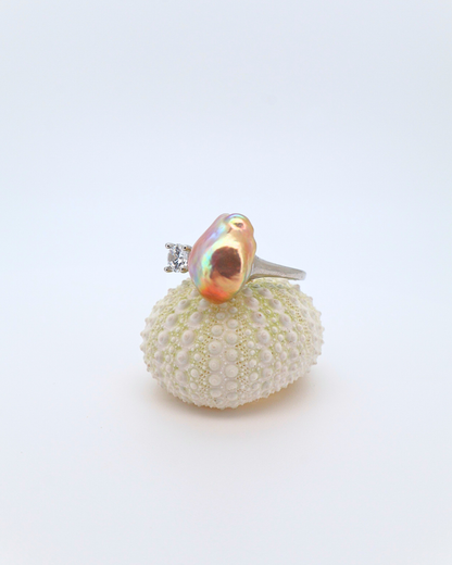 Blush Spark – Pink Baroque Pearl Adjustable Ring with Pavé Detail
