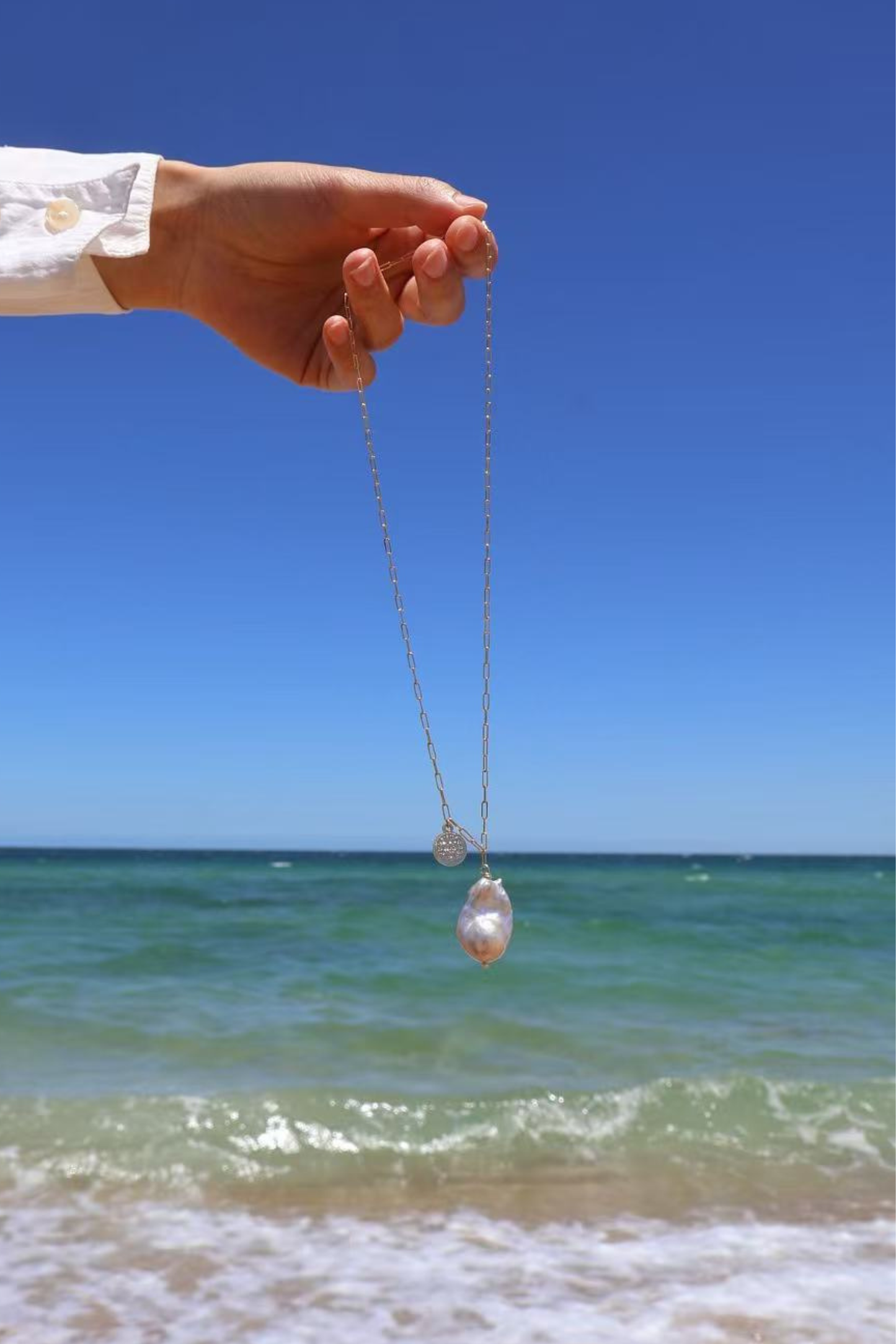Blush Coin – Pink Baroque Pearl Pendant with Silver Coin Square Chain