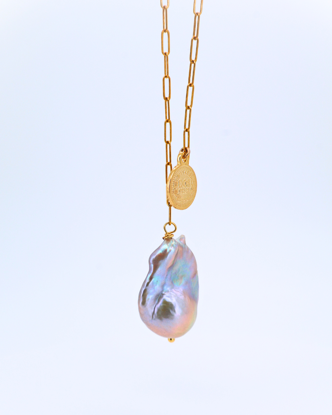 Blush Coin – Pink Baroque Pearl Pendant Necklace with Silver Coin Square Chain