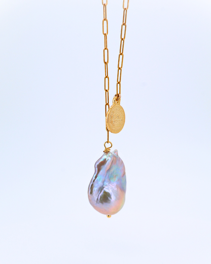 Blush Coin – Pink Baroque Pearl Pendant Necklace with Silver Coin Square Chain