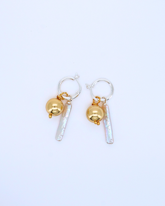 Golden Balance – Rectangular Baroque Pearl & Gold Sphere Earrings