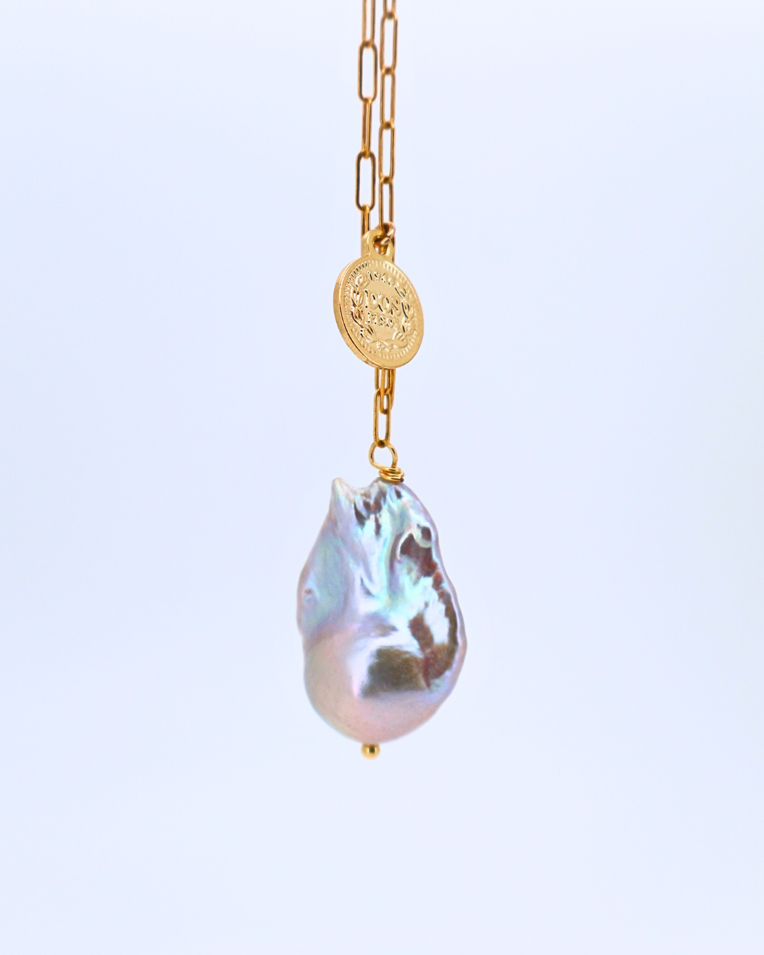 Blush Coin – Pink Baroque Pearl Pendant Necklace with Silver Coin Square Chain