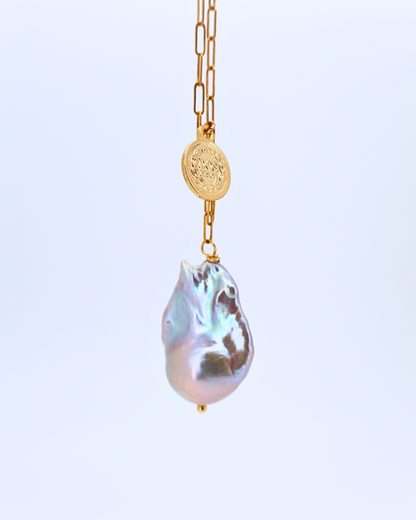 Blush Coin – Pink Baroque Pearl Pendant Necklace with Silver Coin Square Chain