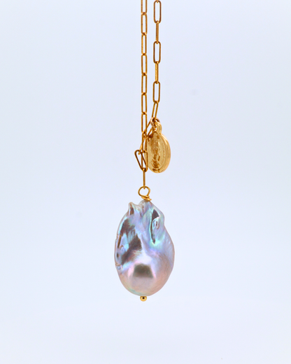 Blush Coin – Pink Baroque Pearl Pendant Necklace with Silver Coin Square Chain