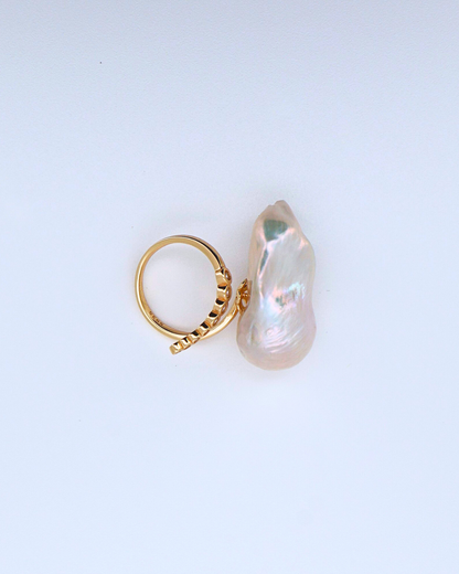 Halo Statement – Extra-Large Baroque Pearl Adjustable Ring with Pavé Halo