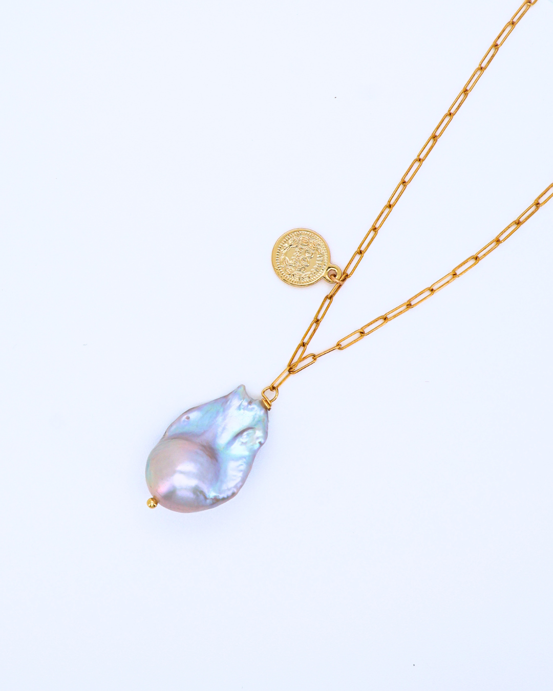 Blush Coin – Pink Baroque Pearl Pendant Necklace with Silver Coin Square Chain