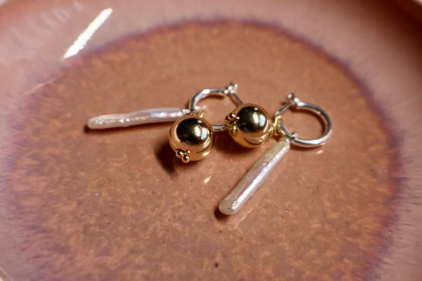 Golden Balance – Rectangular Baroque Pearl & Gold Sphere Earrings