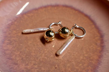 Golden Balance – Rectangular Baroque Pearl & Gold Sphere Earrings