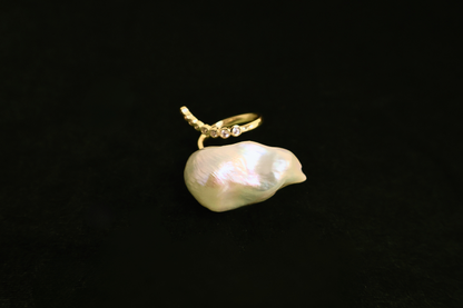 Halo Statement – Extra-Large Baroque Pearl Adjustable Ring with Pavé Halo