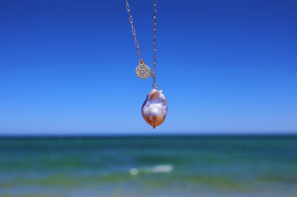 Blush Coin – Pink Baroque Pearl Pendant with Silver Coin Square Chain