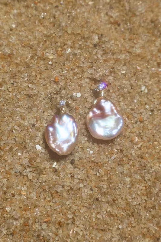 Violet Silk – Purple Baroque Pearl Earrings with Pavé Detail (18K Gold-Plated Silver)