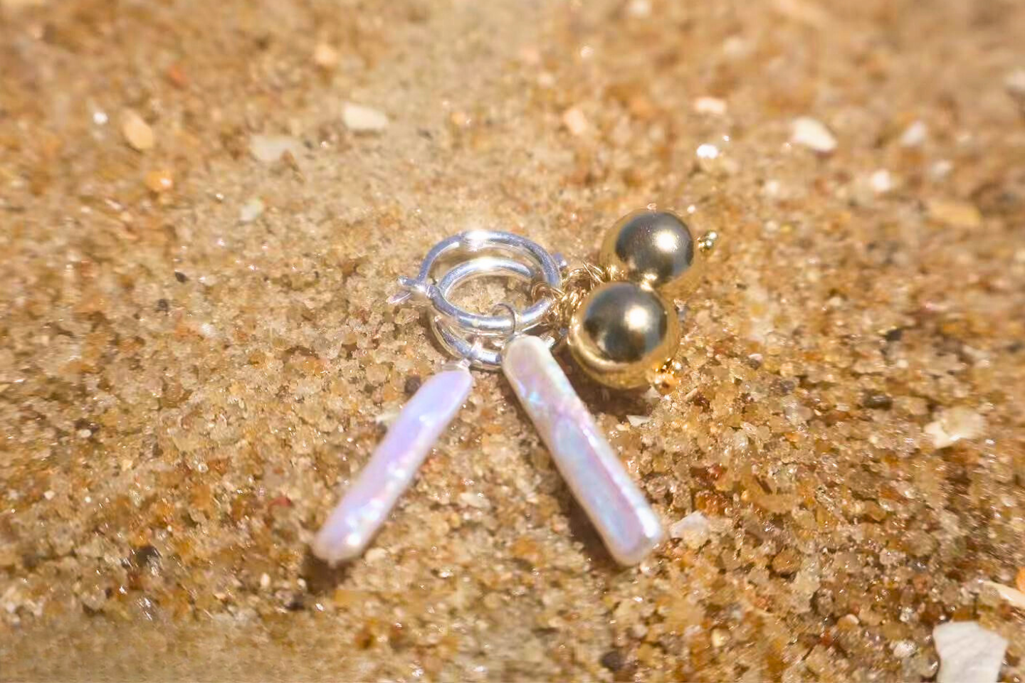 Golden Balance – Rectangular Baroque Pearl & Gold Sphere Earrings