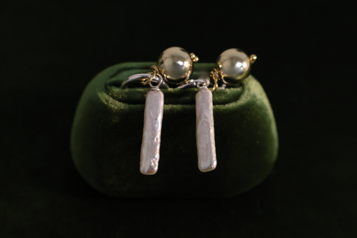 Golden Balance – Rectangular Baroque Pearl & Gold Sphere Earrings