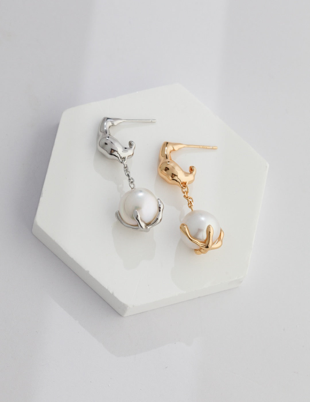 Fluid Sculptural Pearl Drop Earrings in Gold and Silver | BARØ