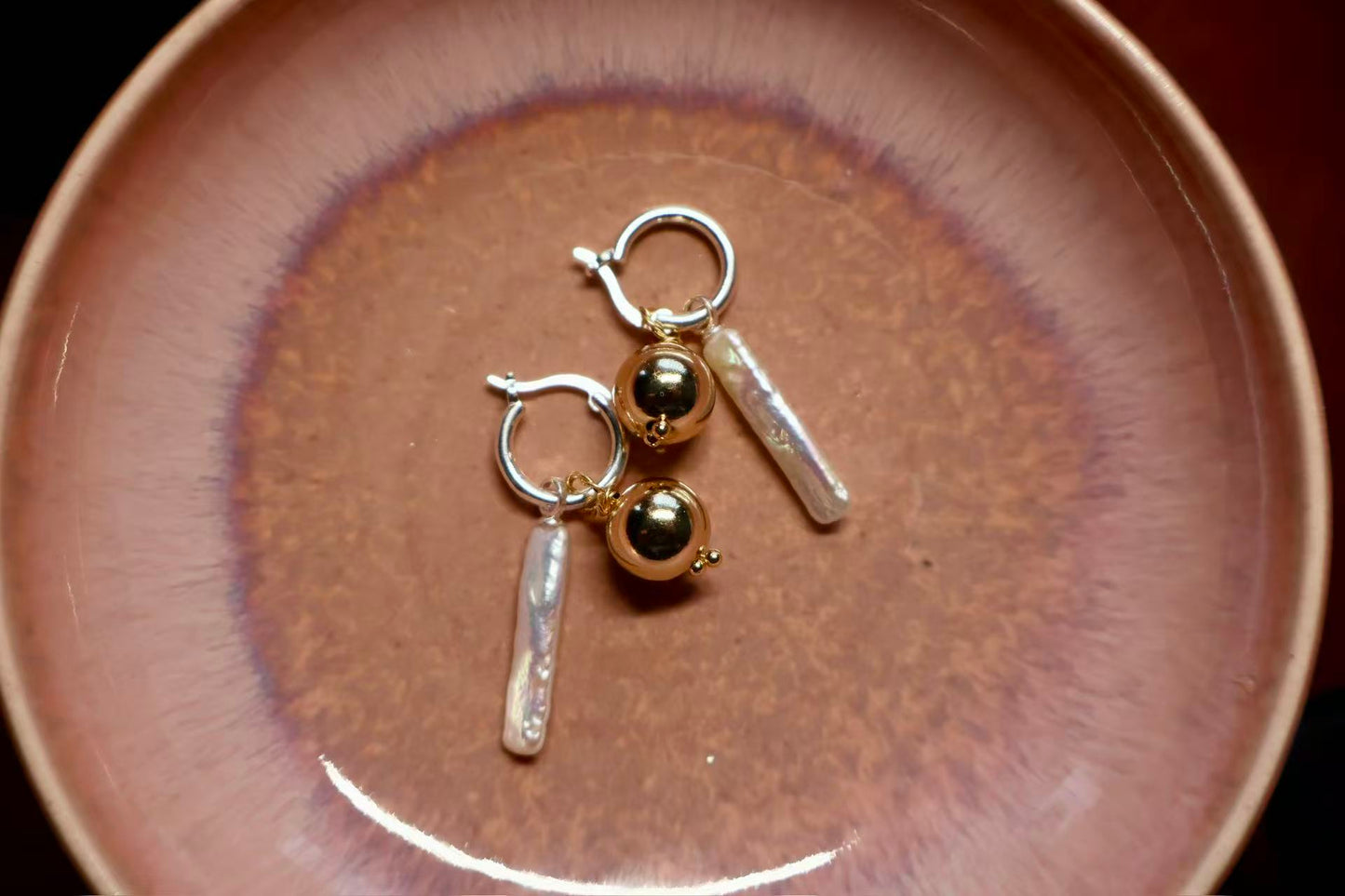 Golden Balance – Rectangular Baroque Pearl & Gold Sphere Earrings