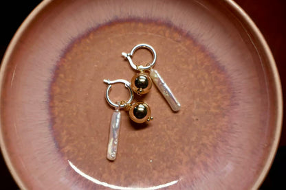 Golden Balance – Rectangular Baroque Pearl & Gold Sphere Earrings